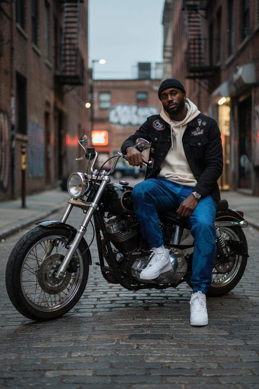 Black man wearing blue map track pants on a motorcycle