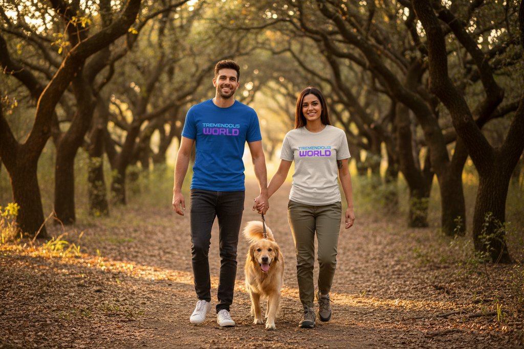 Couple in oak forest with dog wearing Tremendous World t-shirts