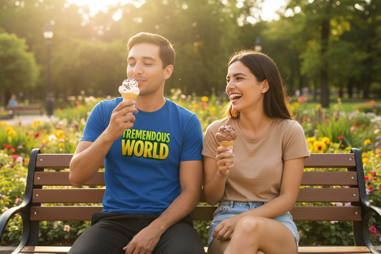 Man and woman in park eating ice cream