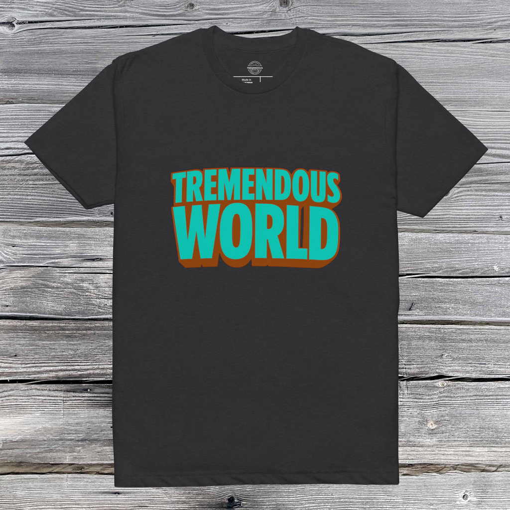 Tremendous World T-Shirt - Turquoise & Brown Text