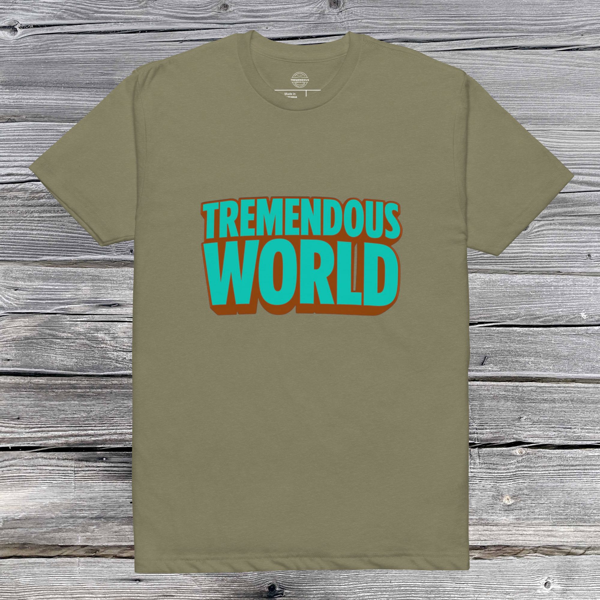 Tremendous World T-Shirt - Turquoise & Brown Text