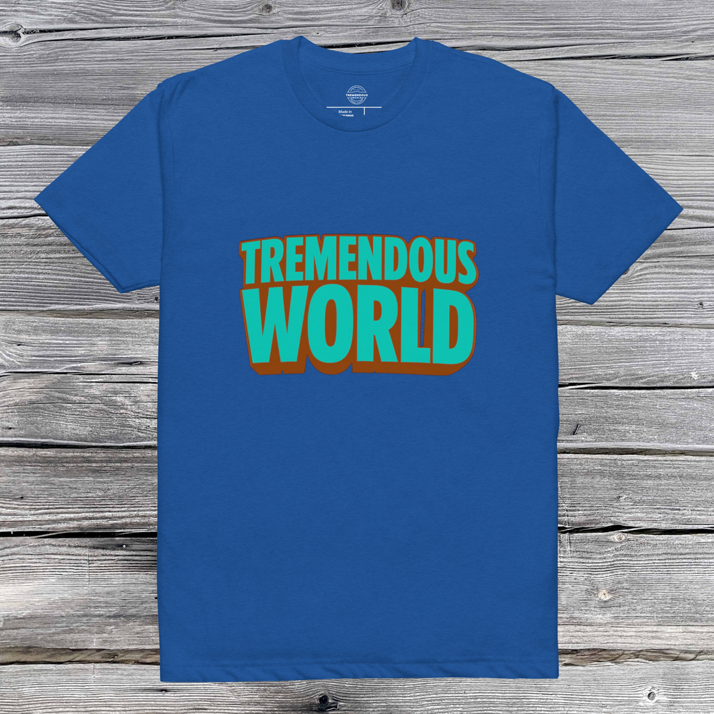 Tremendous World T-Shirt - Turquoise & Brown Text