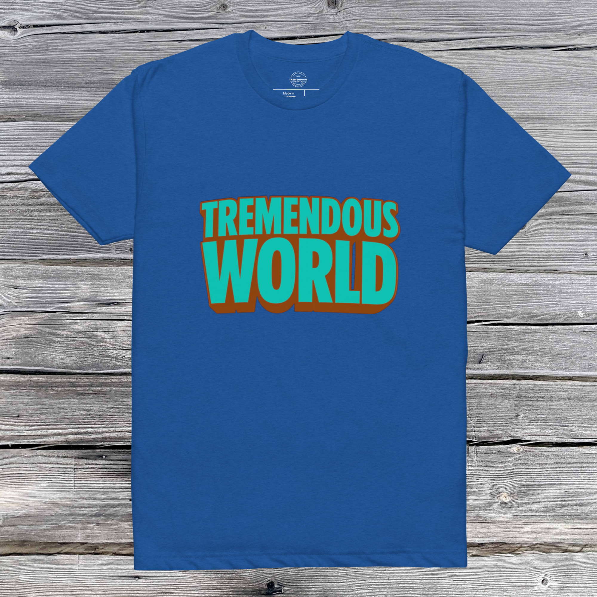 Tremendous World T-Shirt - Turquoise & Brown Text