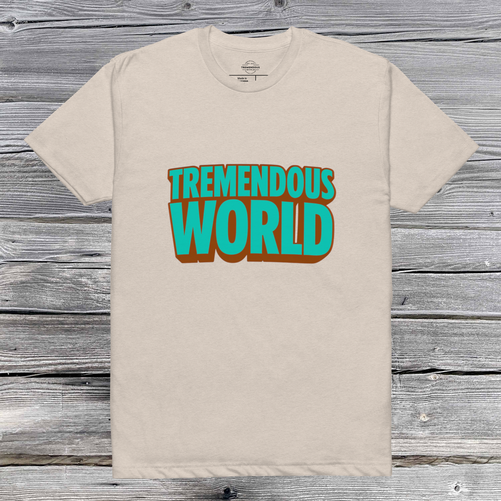 Tremendous World T-Shirt - Turquoise & Brown Text