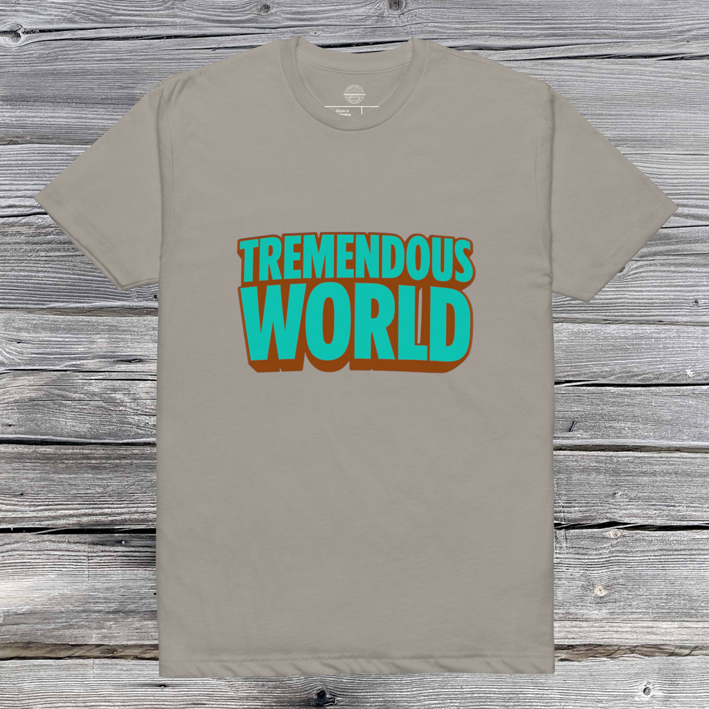 Tremendous World T-Shirt - Turquoise & Brown Text