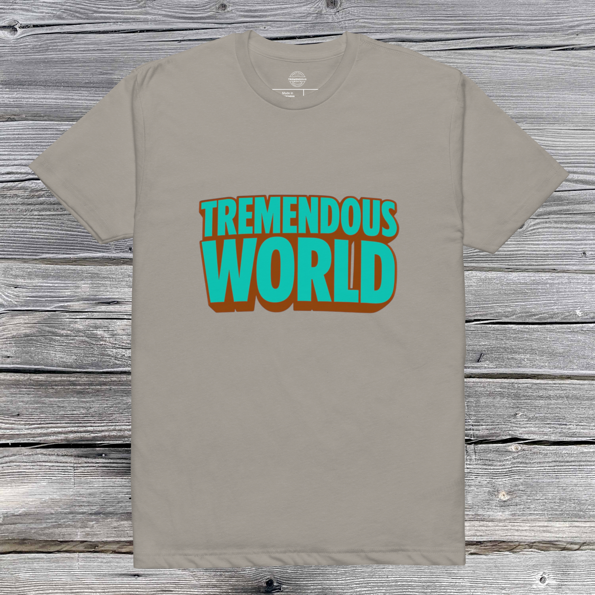 Tremendous World T-Shirt - Turquoise & Brown Text