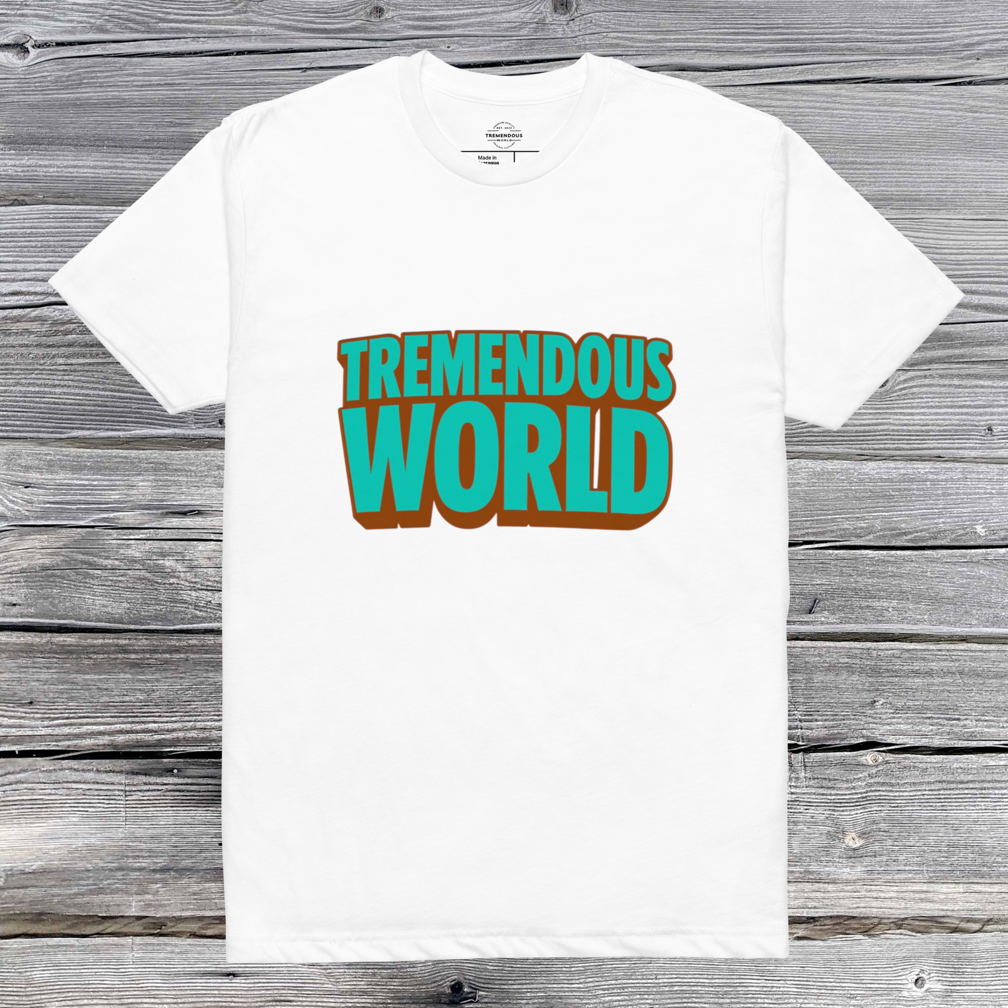 Tremendous World T-Shirt - Turquoise & Brown Text